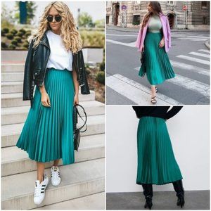 Zara Satin Pleated Skirt - Emerald Green